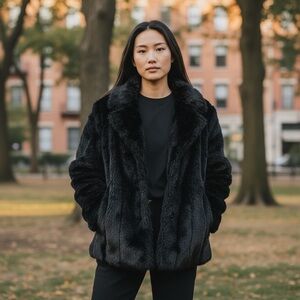 Vintage Tally Ho Women Black Faux Fur Coat Reversible Silk M Jacket Mobwife
